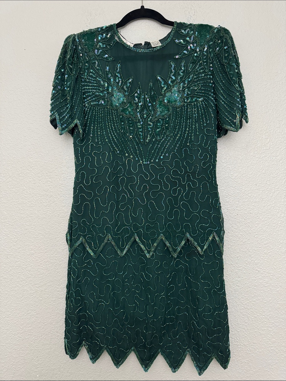 Vintage 100% Silk Emerald Beaded Sequin Cocktail Dress Size‎ Petite Large NWT